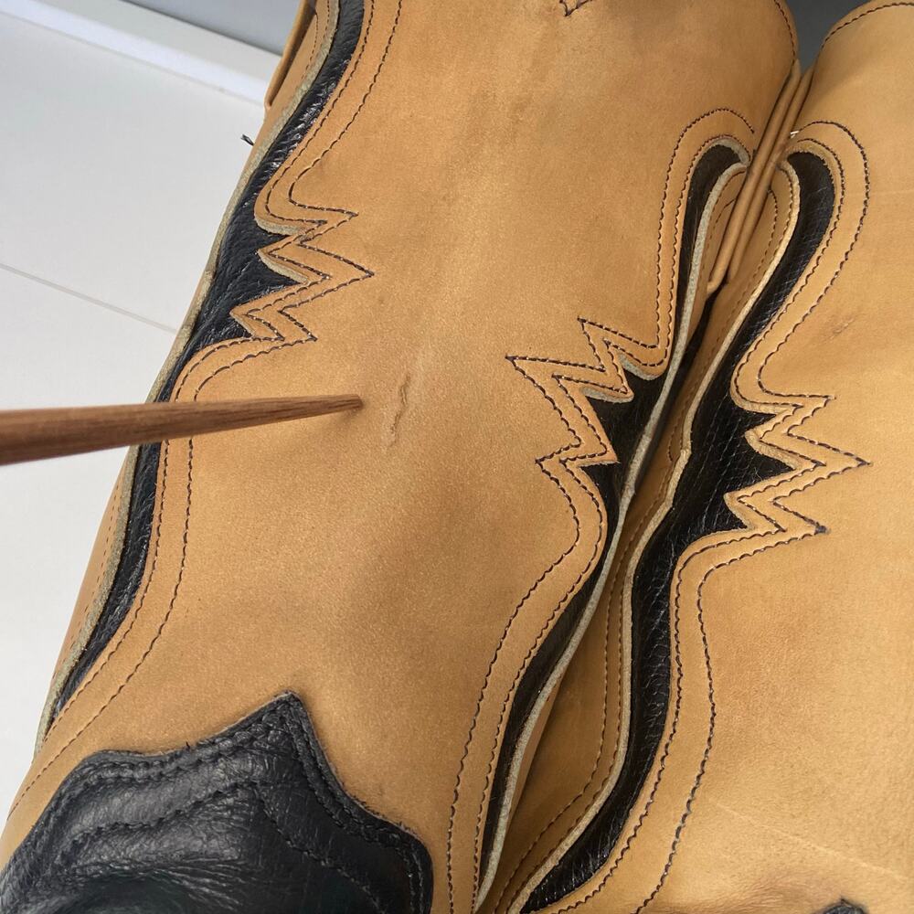 Frye Longhorn Inlay Leather Cowgirl Boots Sz 7.5 Black Tan Leather Vintage - Picture 9 of 16